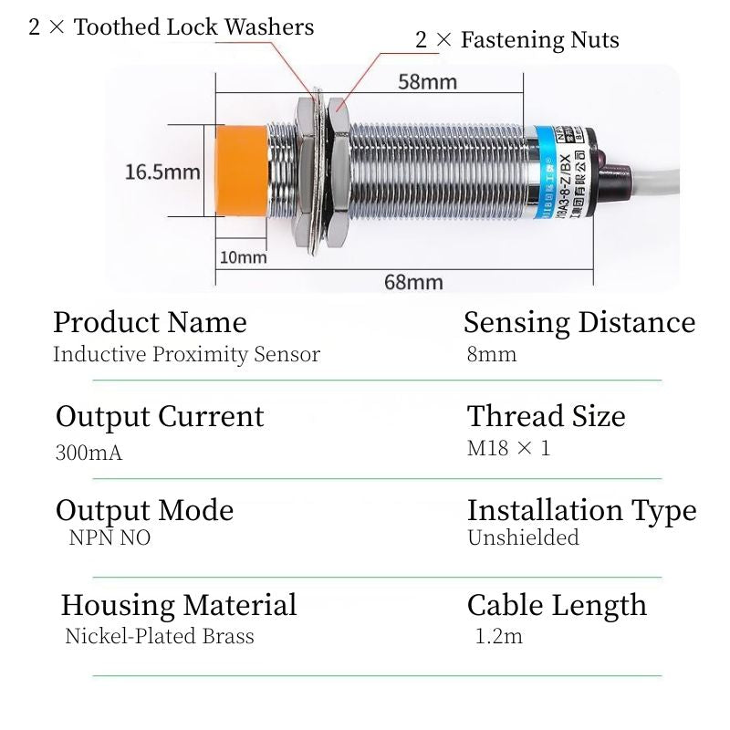 M18 Inductive Proximity Sensor, 8mm Detection, NPN/PNP NO, DC 3-Wire, Unshielded Metal Sensing Switch