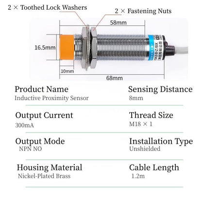 M18 Inductive Proximity Sensor, 8mm Detection, NPN/PNP NO, DC 3-Wire, Unshielded Metal Sensing Switch