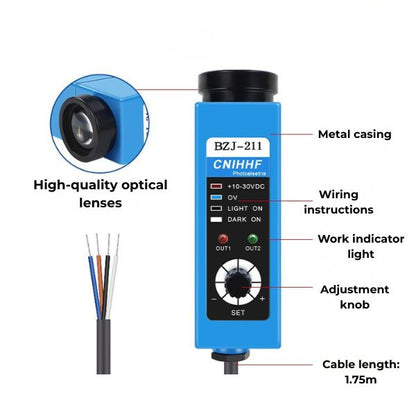 NPN Photoelectric Contrast Sensor | 10mm Standard Sensing Distance RGB Color Mark Switch for Labeling & Printing