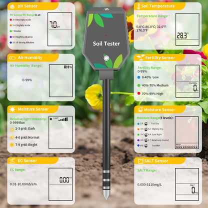 Wireless 8-in-1 Soil Tester & Plant Nutrient Analyzer | App Controlled pH, Electrical Conductivity, and Fertilizer Meter