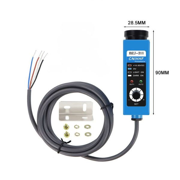 NPN Photoelectric Contrast Sensor | 10mm Standard Sensing Distance RGB Color Mark Switch for Labeling & Printing